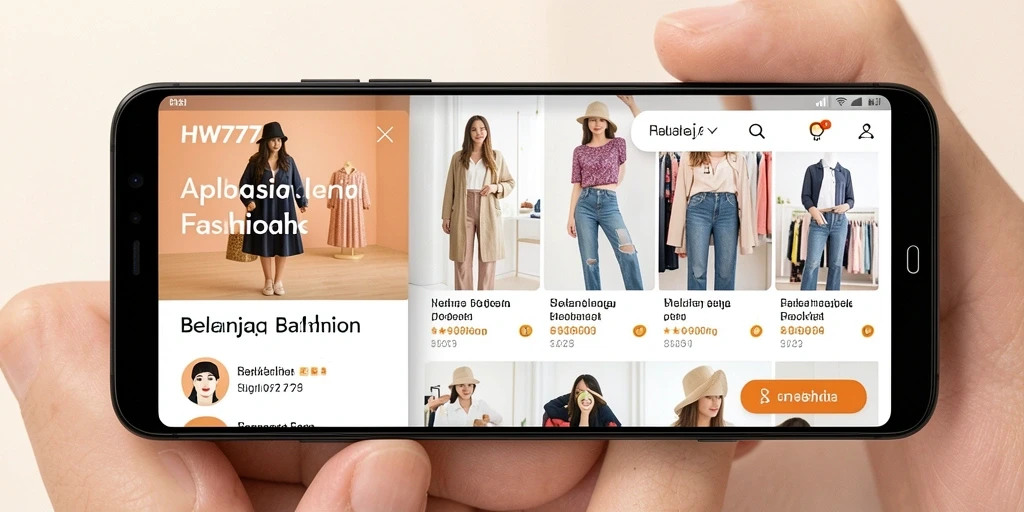 Tampilan antarmuka aplikasi HW777 yang menarik untuk belanja fashion.