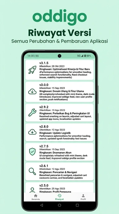 Tampilan riwayat versi oddigo
